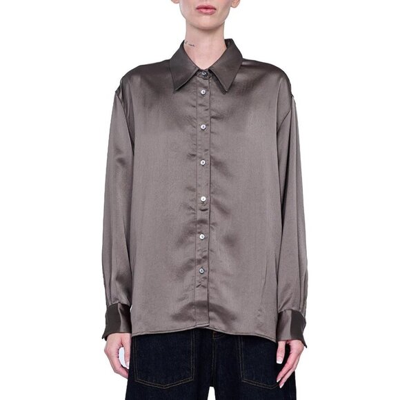 MIJEONG PARK Women's Oversized Satin Shirt Size L In Olive - Picture 1 of 10